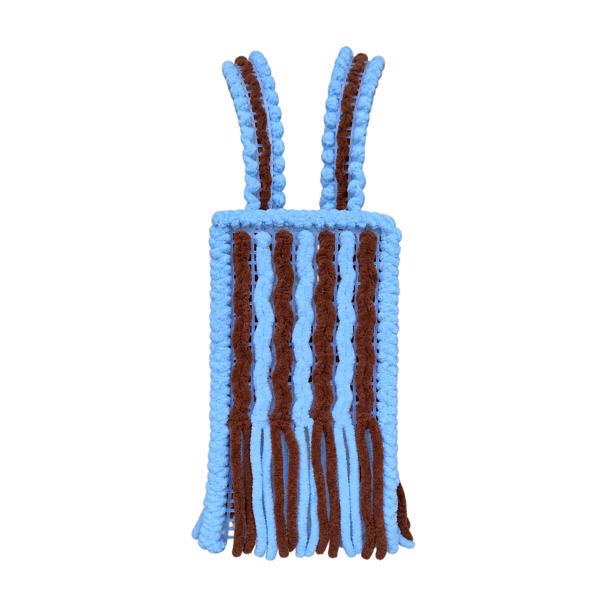 Small Blue Cocoa handmade crochet mesh bag with sky blue border and brown fringe