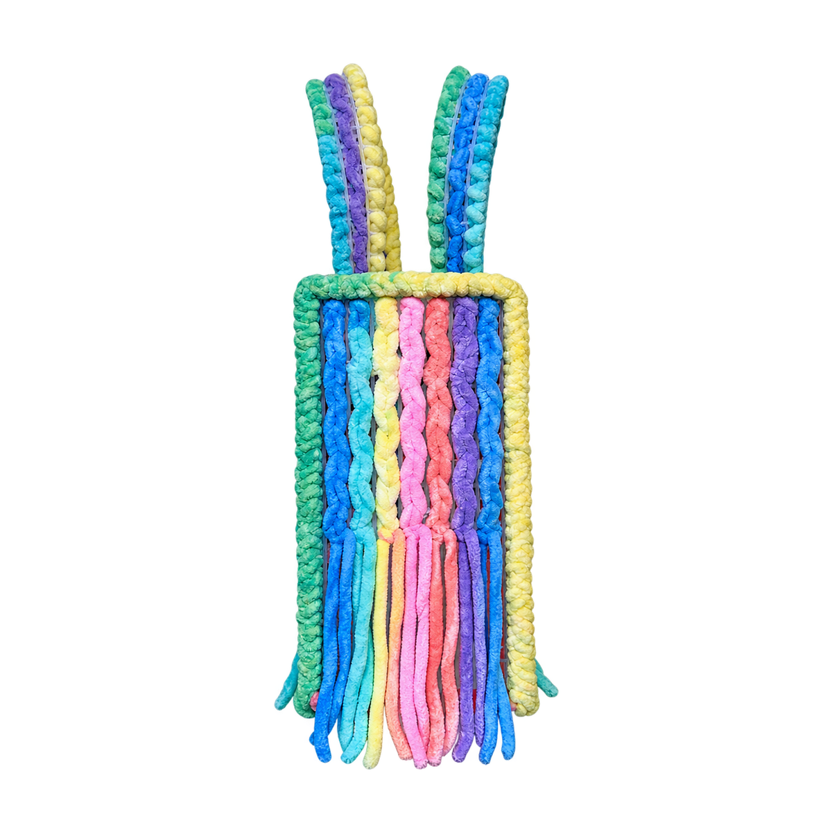 Small Cotton Candy handmade crochet mesh bag in yellow, pink, lavender and aqua with fringe