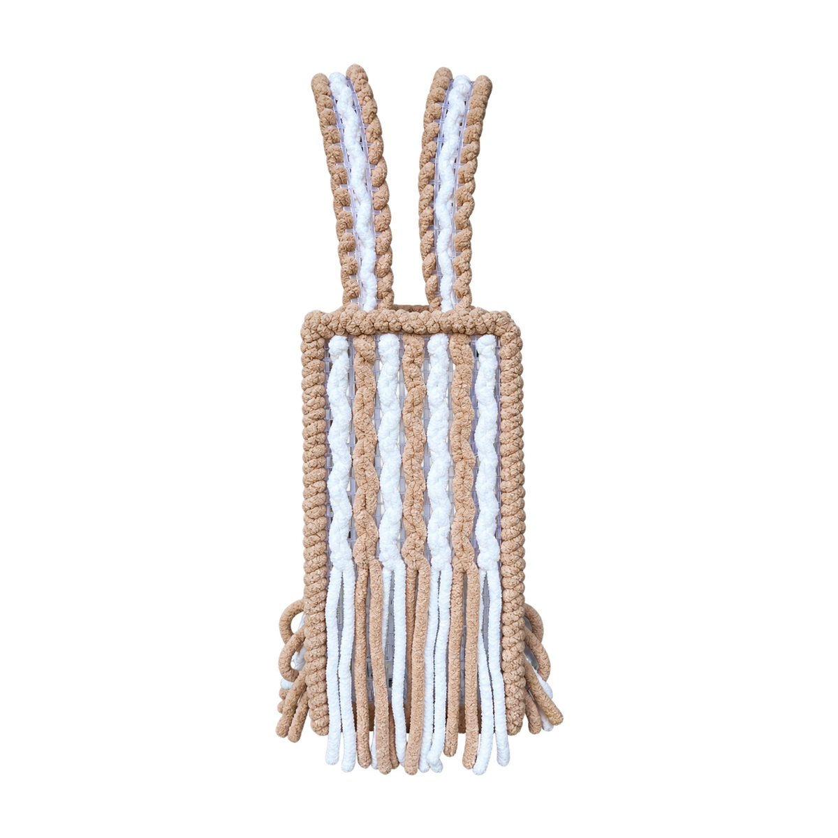 Small Matcha Latte handmade crochet mesh bag with beige border and white fringe