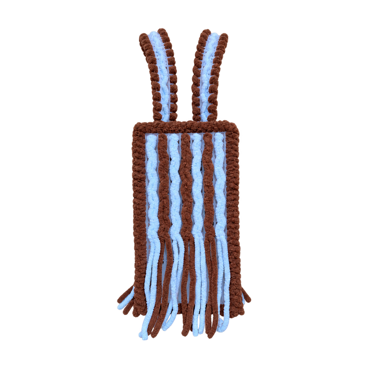 Small Mocha Sky handmade crochet mesh bag with brown border and sky blue fringe