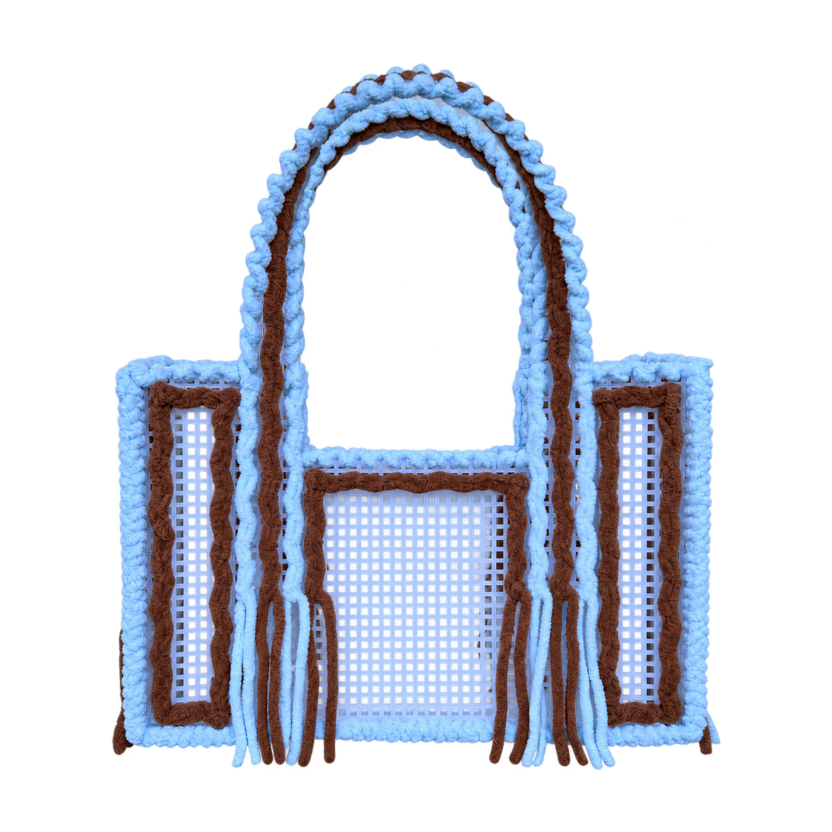 Front view of the Blue Cocoa handmade crochet mesh tote bag in sky blue and cocoa brown yarn with fringe