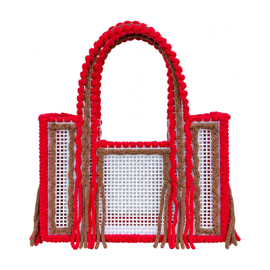 Front view of the Cherry Mocha handmade crochet mesh tote bag in cherry red and mocha brown yarn with fringe