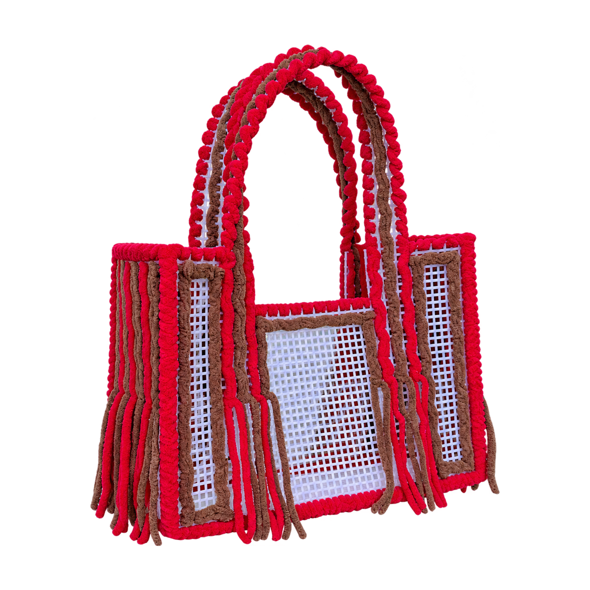 Side view of the Cherry Mocha crochet mesh tote bag showing twin yarn-wrapped handles and fringe