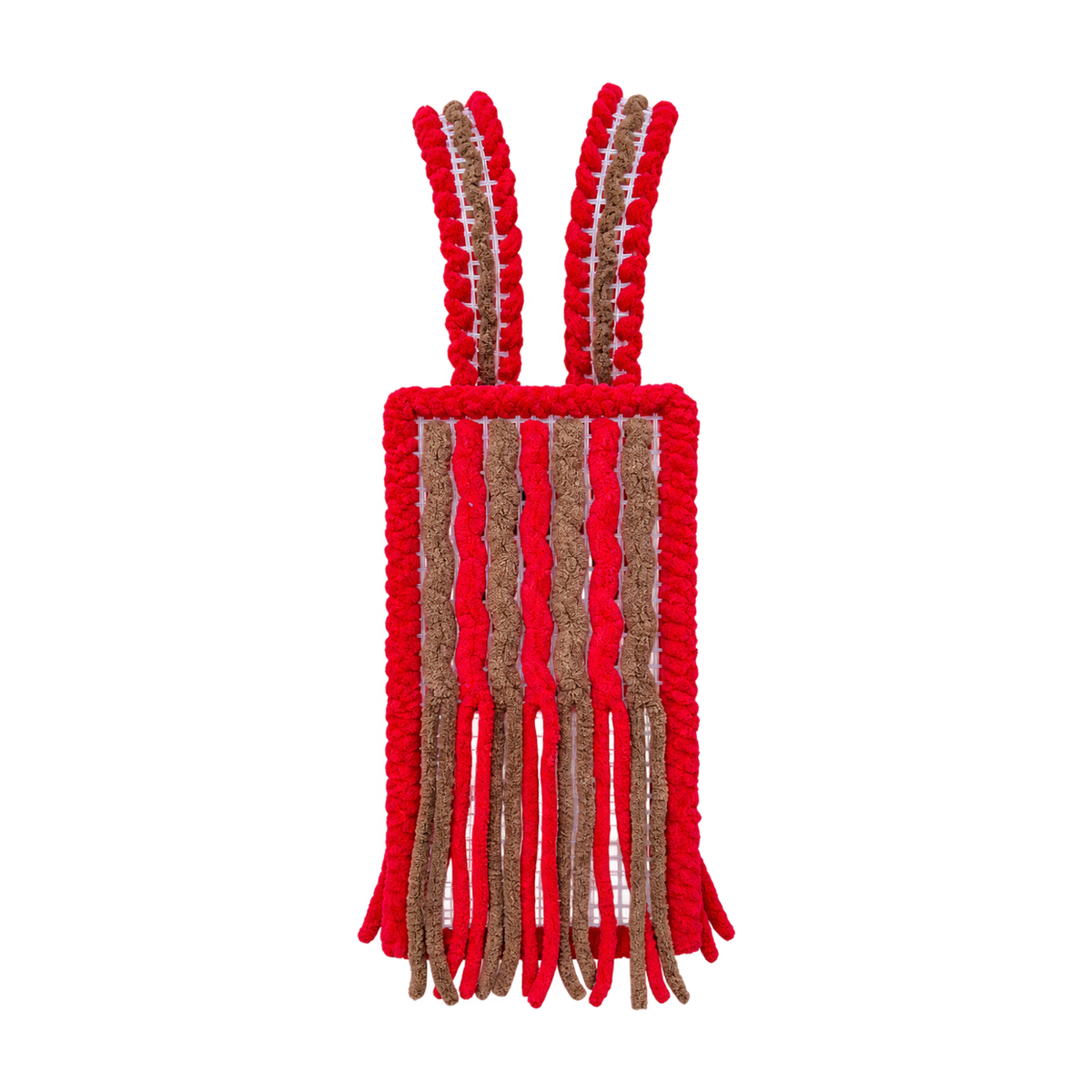 Small Cherry Mocha handmade crochet mesh bag with red border and brown fringe