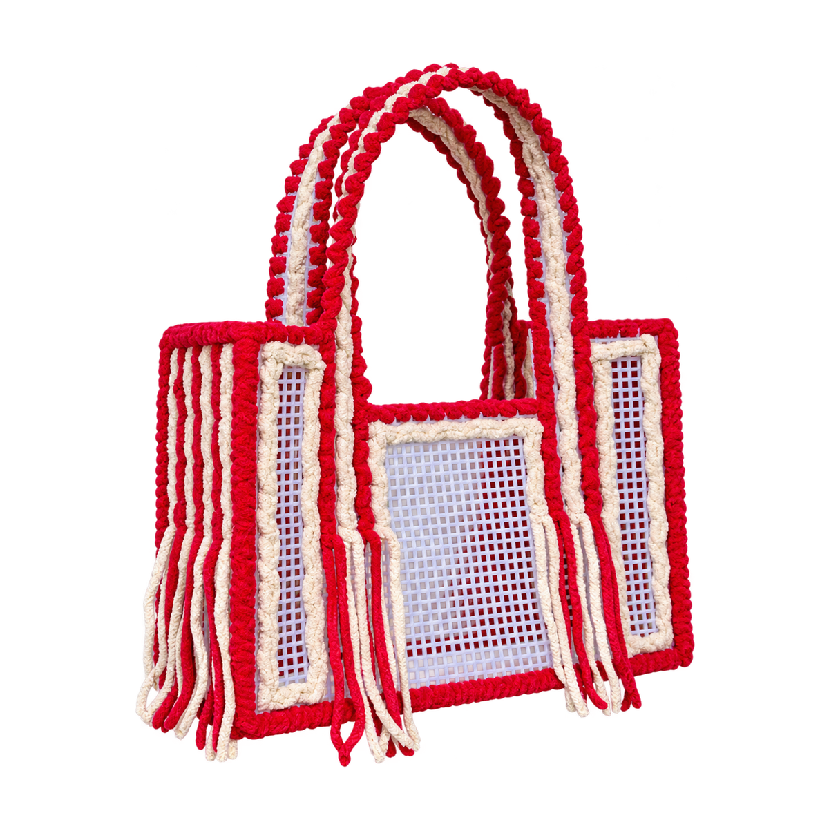 Side view of the Cherry Vanilla crochet mesh tote bag showing twin yarn-wrapped handles and fringe