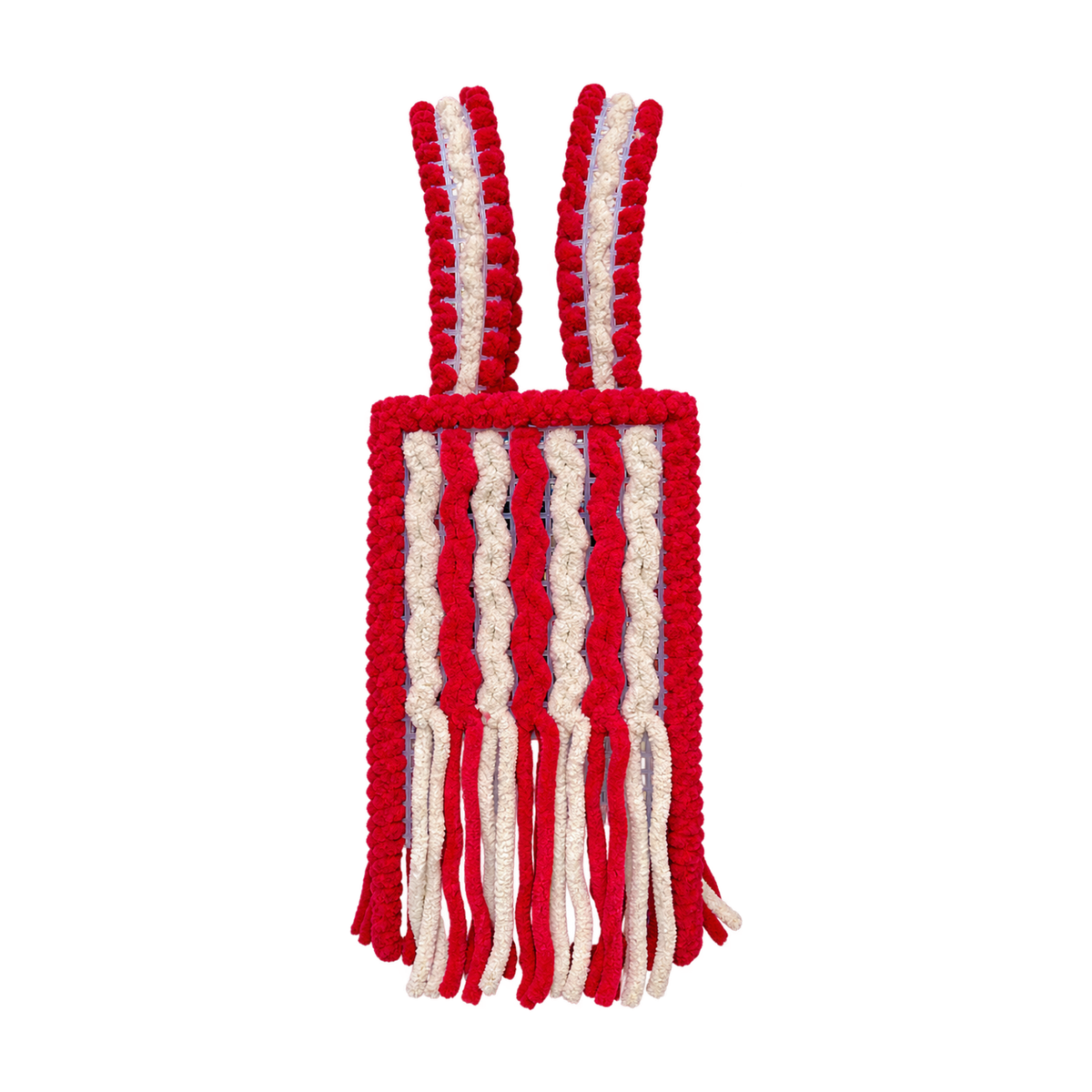 Small Cherry Vanilla handmade crochet mesh bag with red border and cream fringe