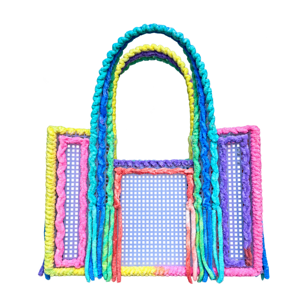 Front view of the Cotton Candy handmade crochet mesh tote bag in pastel rainbow yarn with fringe