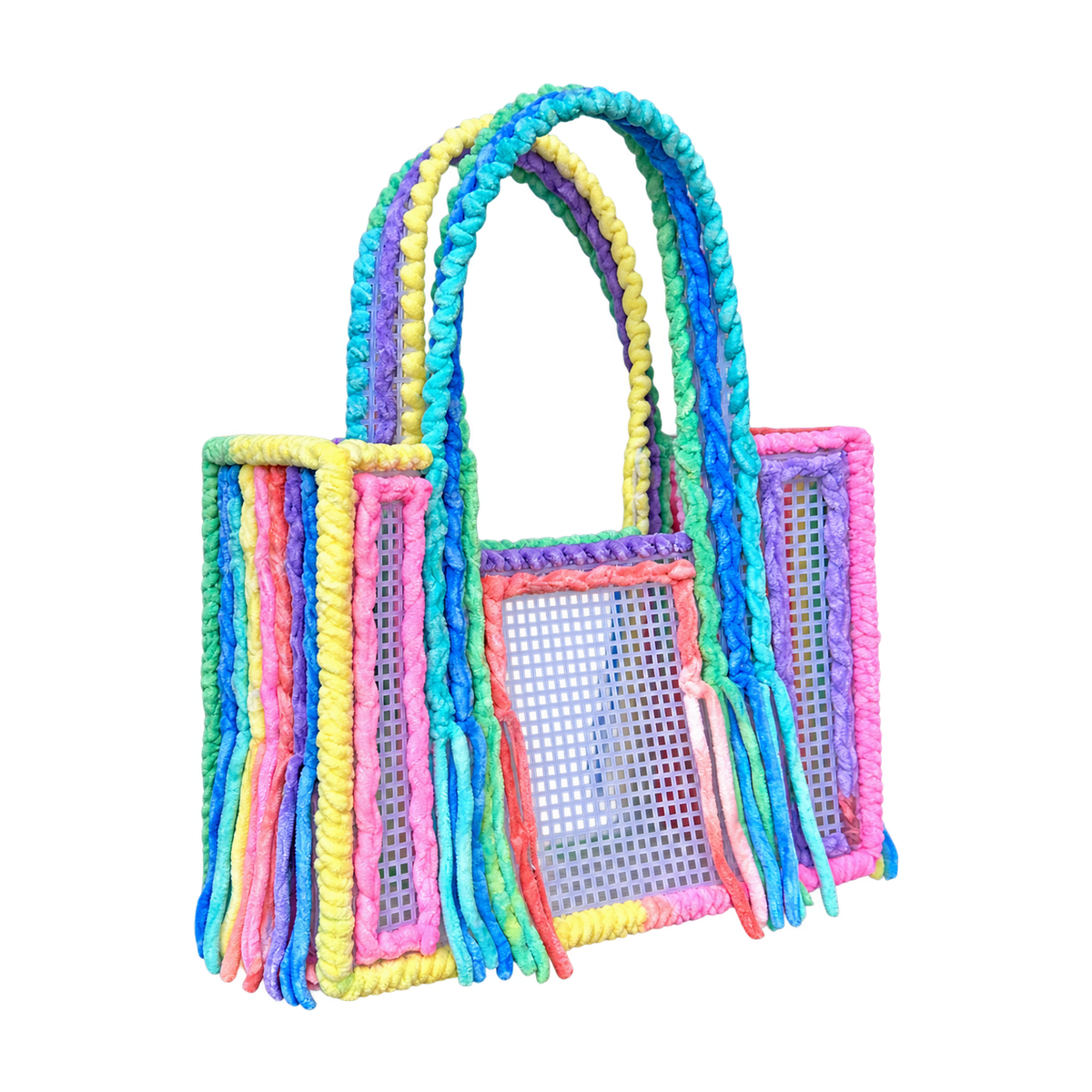 Side view of the Cotton Candy crochet mesh tote bag showing multicolor yarn-wrapped handles and fringe
