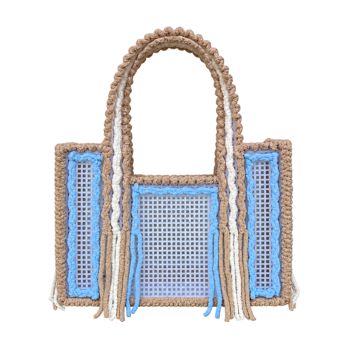 Front view of the Iced Latte handmade crochet mesh tote bag in latte beige, sky blue and white yarn with fringe