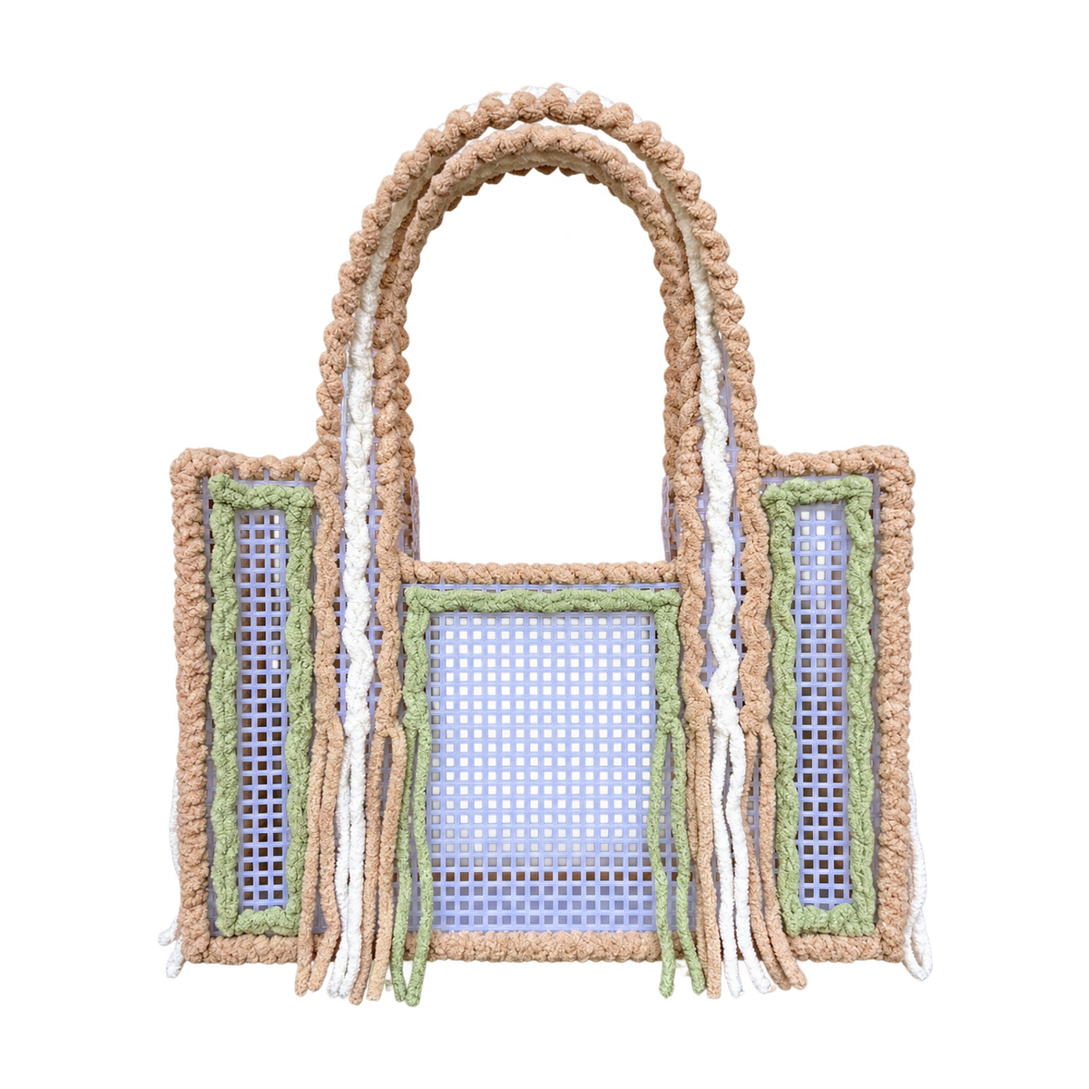 Front view of the Matcha Latte handmade crochet mesh tote bag in latte beige, white and matcha green yarn with fringe