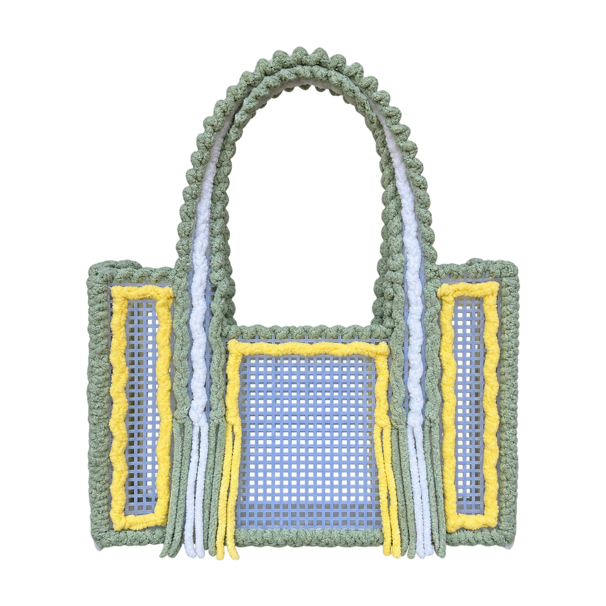 Front view of the Matcha Lemonade handmade crochet mesh tote bag in matcha green, lemon yellow and white yarn with fringe