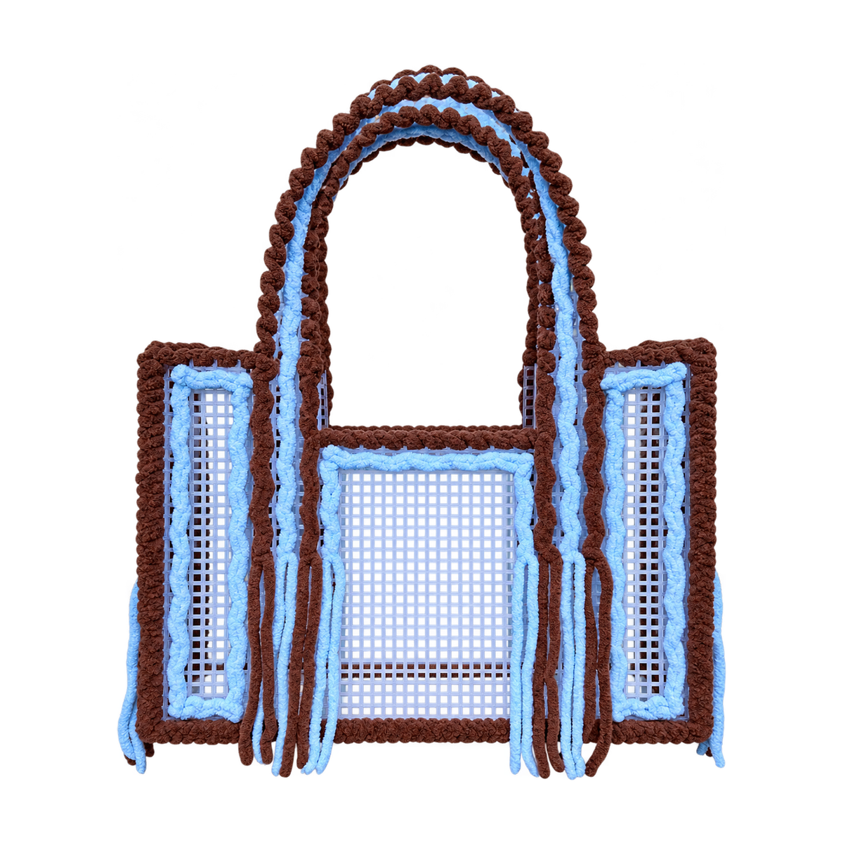 Front view of the Mocha Sky handmade crochet mesh tote bag in mocha brown and sky blue yarn with fringe