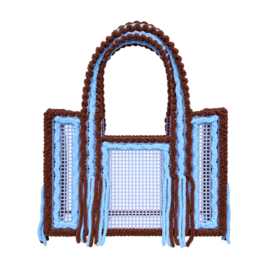 Front view of the Mocha Sky handmade crochet mesh tote bag in mocha brown and sky blue yarn with fringe